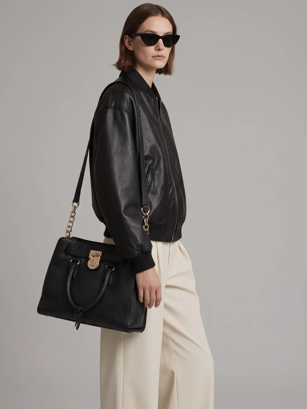 Michael Kors Hamilton Black Saffiano Leather Satchel with  Silver Hardware